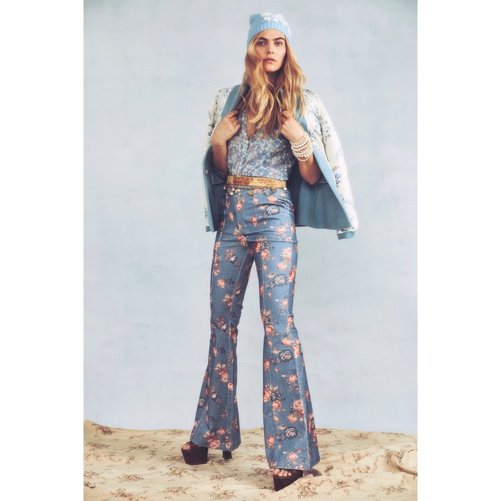 Love Shack Fancy Meyerson Flared Pant Women Size 4 Blue New Floral Boho Corduroy
